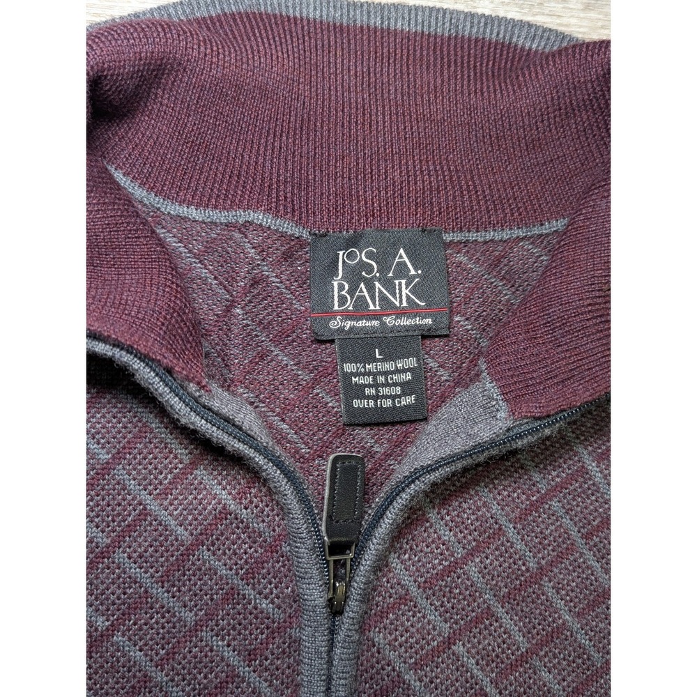 Jos A Bank Mens Burgundy Grey Diamond Pattern Merino Wool 1/4 Zip Sweater L - Picture 2 of 11